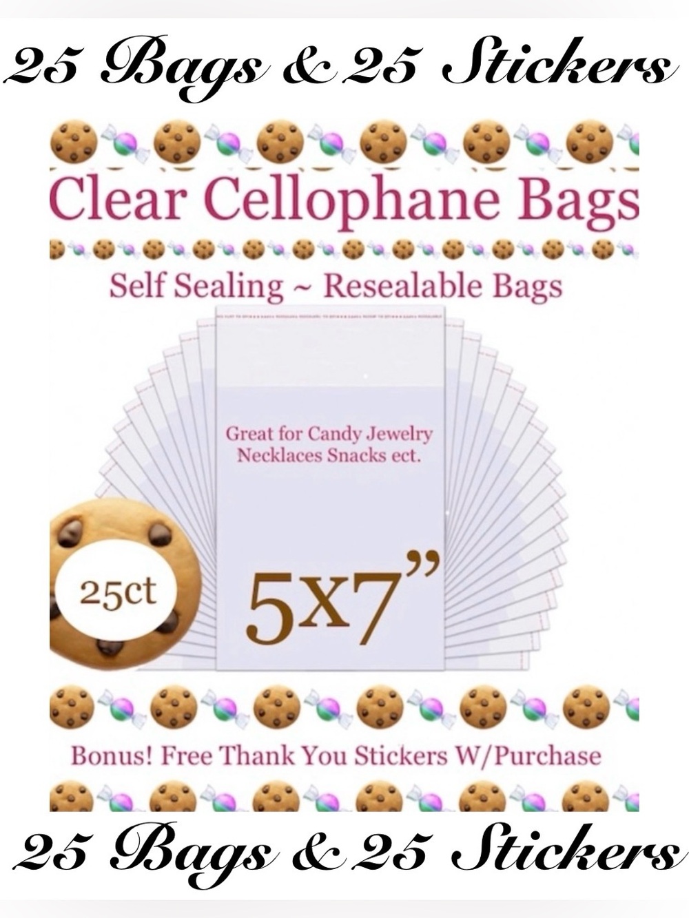 25ct 5x7” Clear Cello Bags ⭐️w/Free Stickers 🍃🆕🍃Crystal Clear ~ Resealable